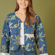 Yumi Blue Animal Print Reversible Cotton Cropped Quilted Jacket