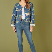 Yumi Blue Animal Print Reversible Cotton Cropped Quilted Jacket