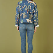 Yumi Blue Animal Print Reversible Cotton Cropped Quilted Jacket
