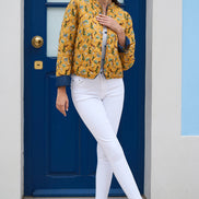Yumi Blue Chambray Quilted Jacket with Reversible Floral Lining