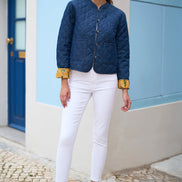 Yumi Blue Chambray Quilted Jacket with Reversible Floral Lining