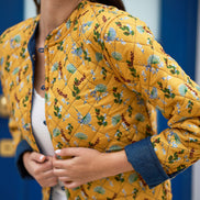 Yumi Blue Chambray Quilted Jacket with Reversible Floral Lining