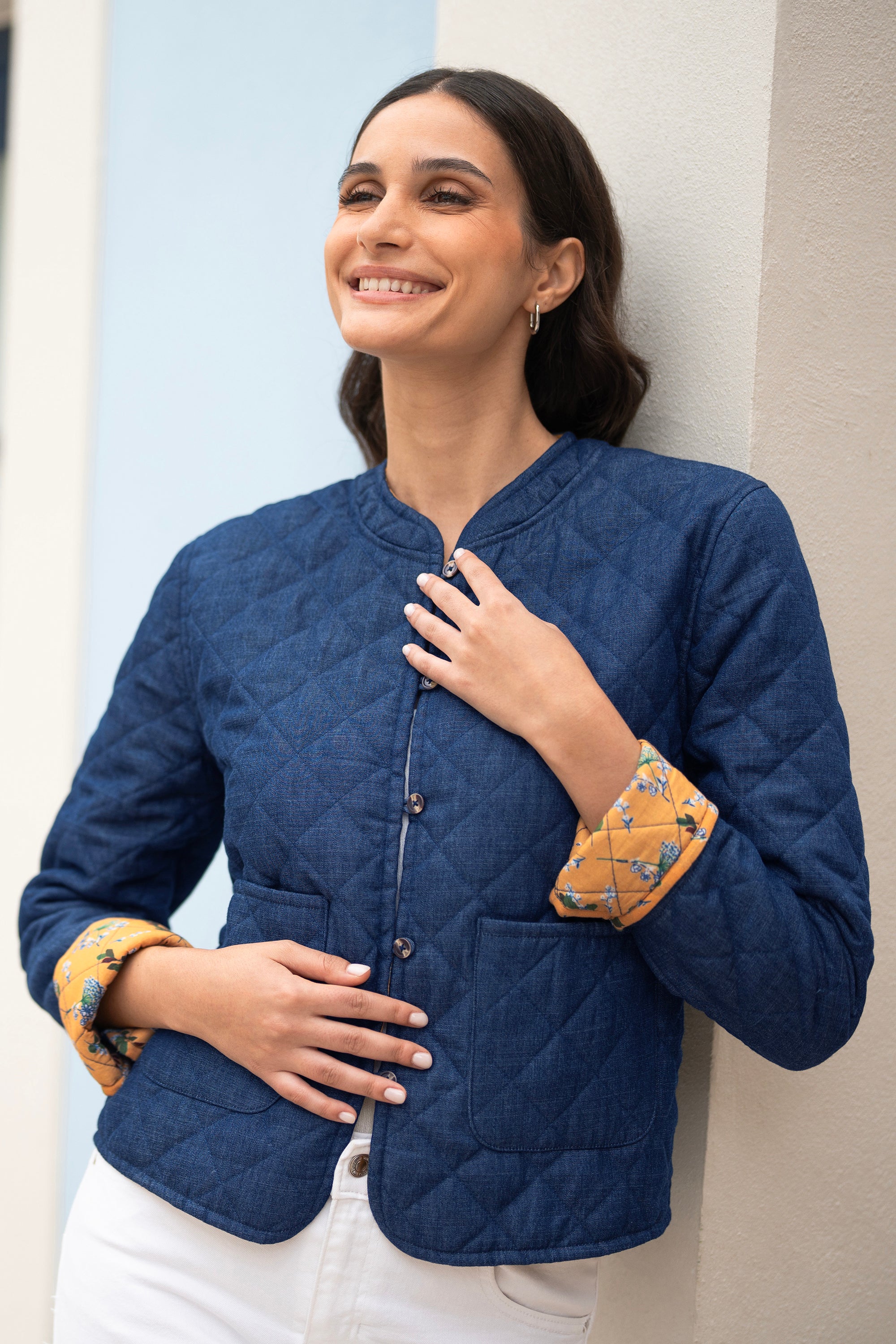 Yumi Blue Chambray Quilted Jacket with Reversible Floral Lining
