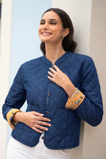 Yumi Blue Chambray Quilted Jacket with Reversible Floral Lining