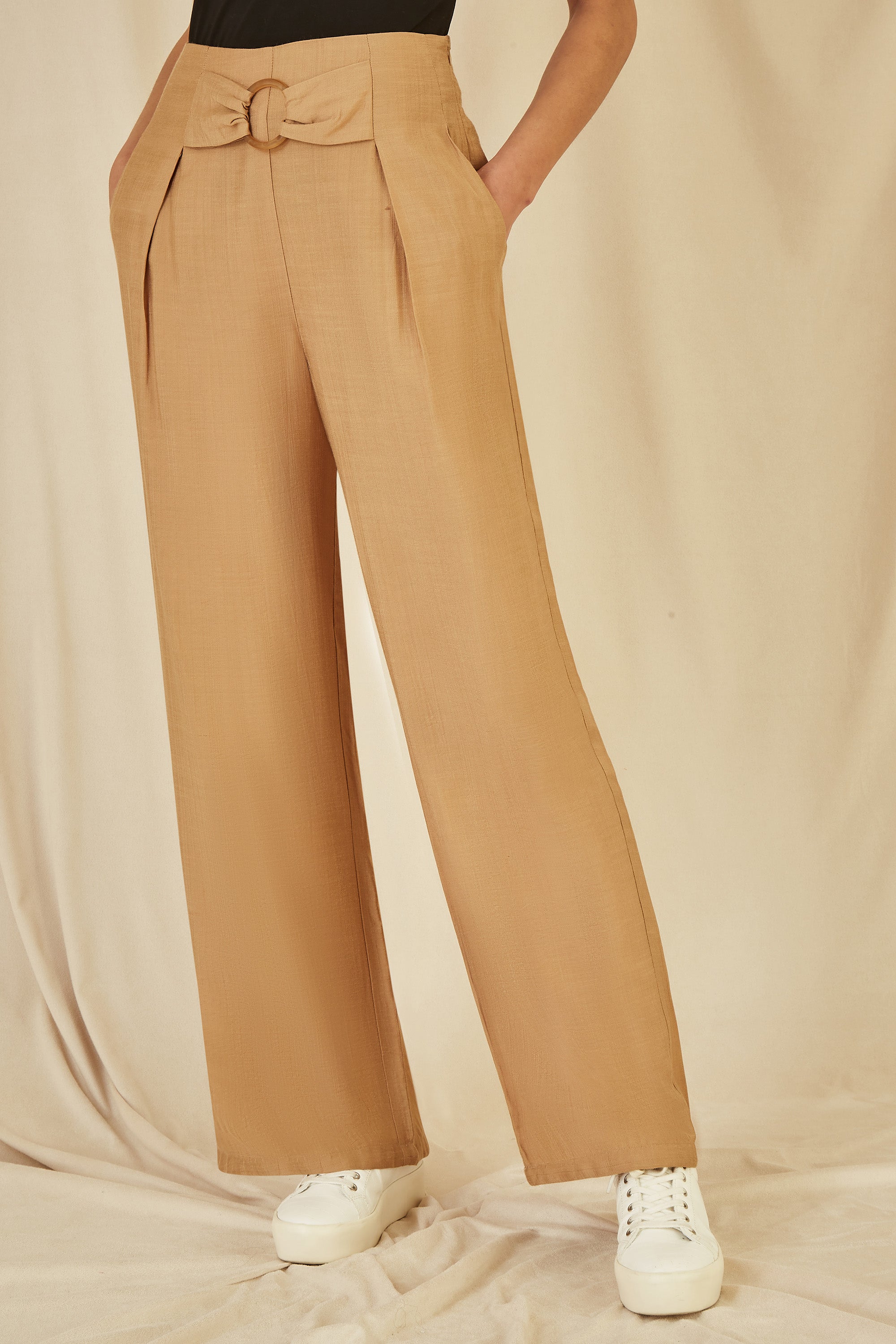 Yumi Brown Wide Leg Trousers with Front Buckle Detail