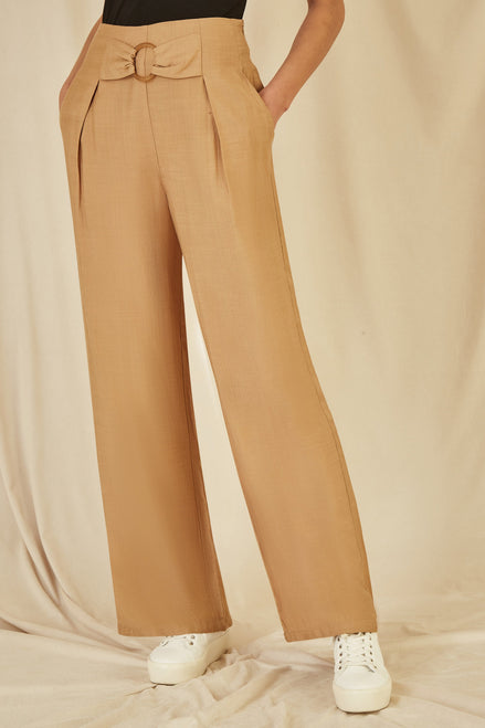 Yumi Brown Wide Leg Trousers with Front Buckle Detail