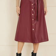Yumi Burgundy Faux Leather A Line Midi Skirt With Button Up Details