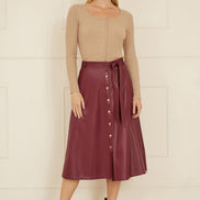 Yumi Burgundy Faux Leather A Line Midi Skirt With Button Up Details