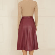 Yumi Burgundy Faux Leather A Line Midi Skirt With Button Up Details