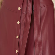 Yumi Burgundy Faux Leather A Line Midi Skirt With Button Up Details