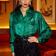 Yumi Green Metallic Relaxed Balloon Sleeve Shirt