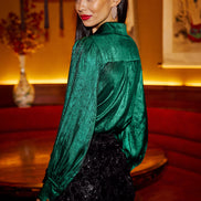 Yumi Green Metallic Relaxed Balloon Sleeve Shirt