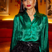 Yumi Green Metallic Relaxed Balloon Sleeve Shirt
