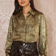 Yumi Gold Metallic Relaxed Balloon Sleeve Shirt