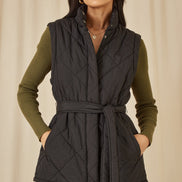 Yumi Black High Neck Quilted Gilet With Belt