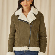 Yumi Green Faux Suede and Shearling Biker Jacket