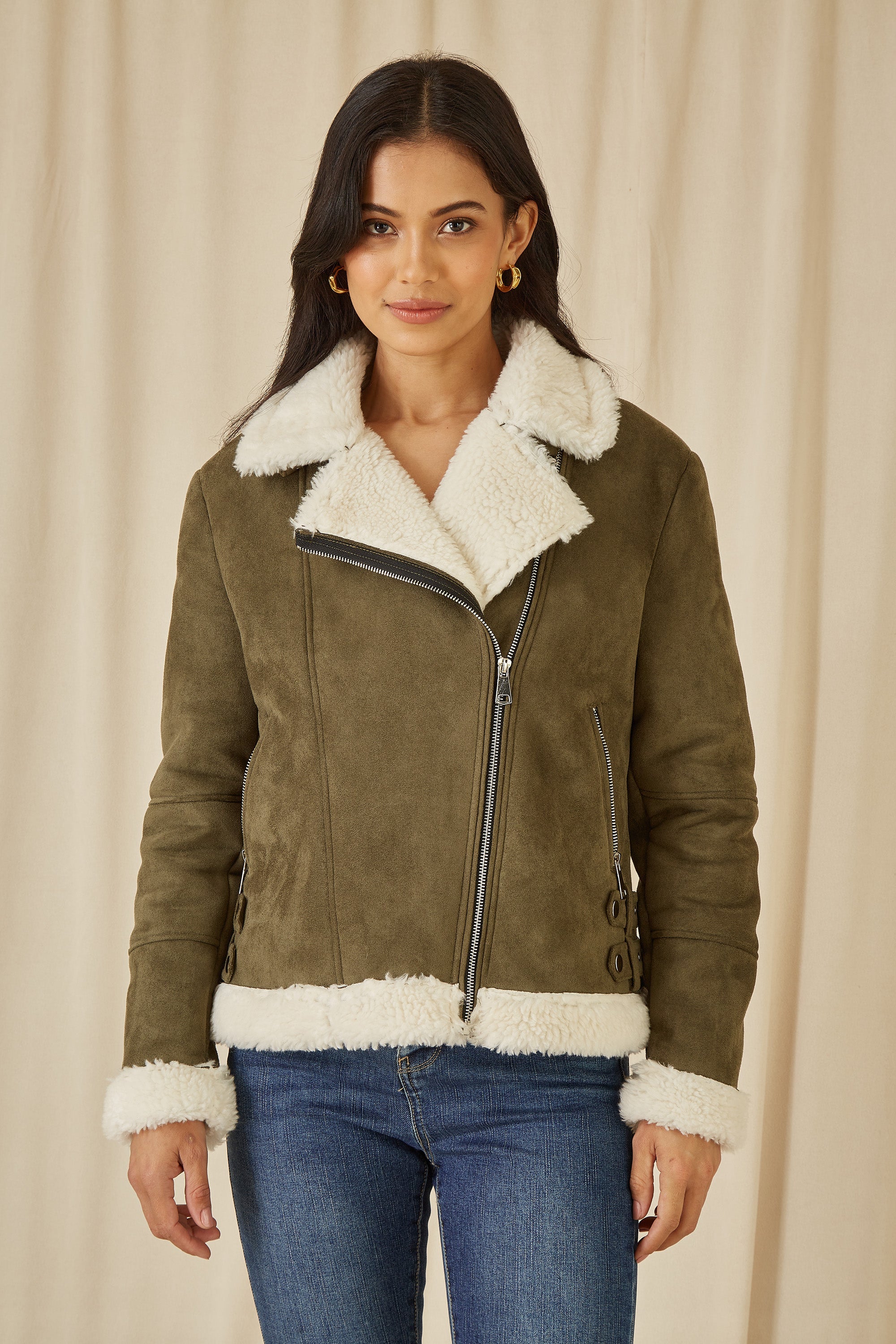 Yumi Green Faux Suede and Shearling Biker Jacket