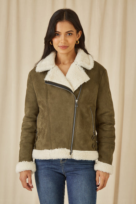 Yumi Green Faux Suede and Shearling Biker Jacket