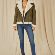 Yumi Green Faux Suede and Shearling Biker Jacket