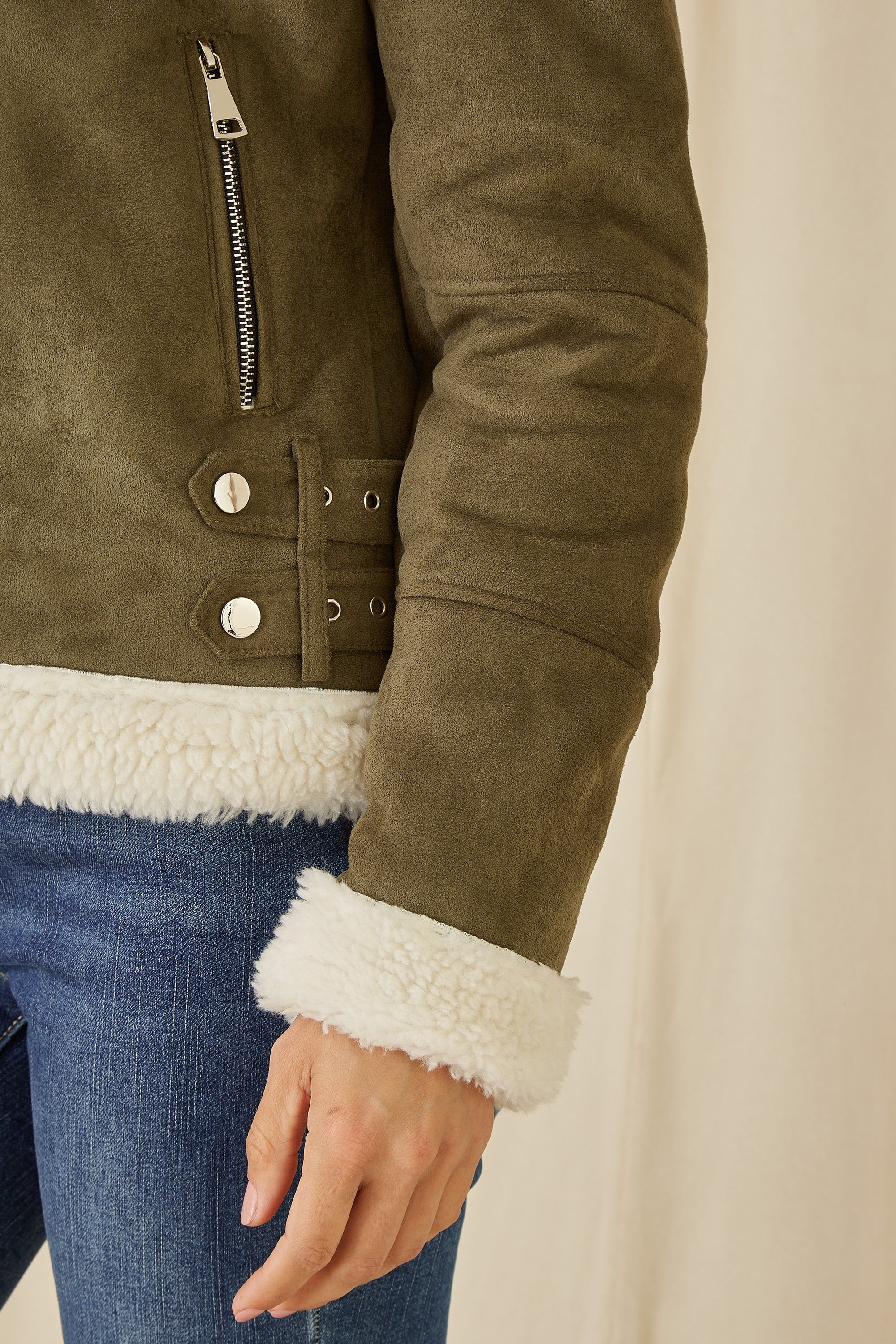 Yumi Green Faux Suede and Shearling Biker Jacket
