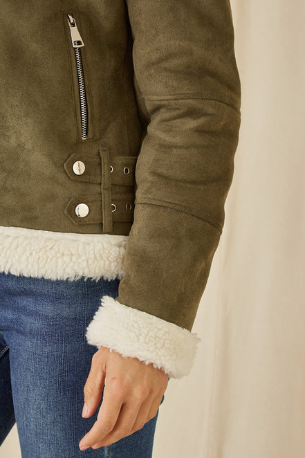Yumi Green Faux Suede and Shearling Biker Jacket