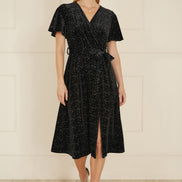 Yumi Black Velvet Sparkle Wrap Midi Dress