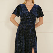 Yumi Navy Velvet Sparkle Wrap Midi Dress