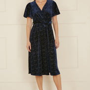 Yumi Navy Velvet Sparkle Wrap Midi Dress