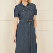 Yumi Blue Chambray Utility Midi Denim Shirt Dress