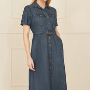 Yumi Blue Chambray Utility Midi Denim Shirt Dress