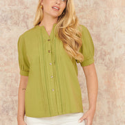 Yumi Green Cotton Pleated Short Sleeve Shirt