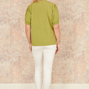 Yumi Green Cotton Pleated Short Sleeve Shirt