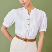 Yumi White Cotton Pleated Short Sleeve Shirt