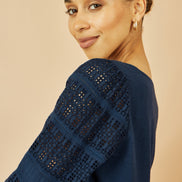 Yumi Navy Cotton Tunic with Broderie Anglaise Puff Sleeves