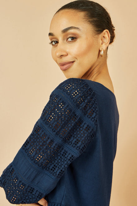 Yumi Navy Cotton Tunic with Broderie Anglaise Puff Sleeves