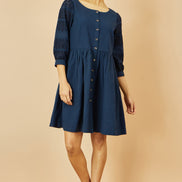 Yumi Navy Cotton Tunic with Broderie Anglaise Puff Sleeves