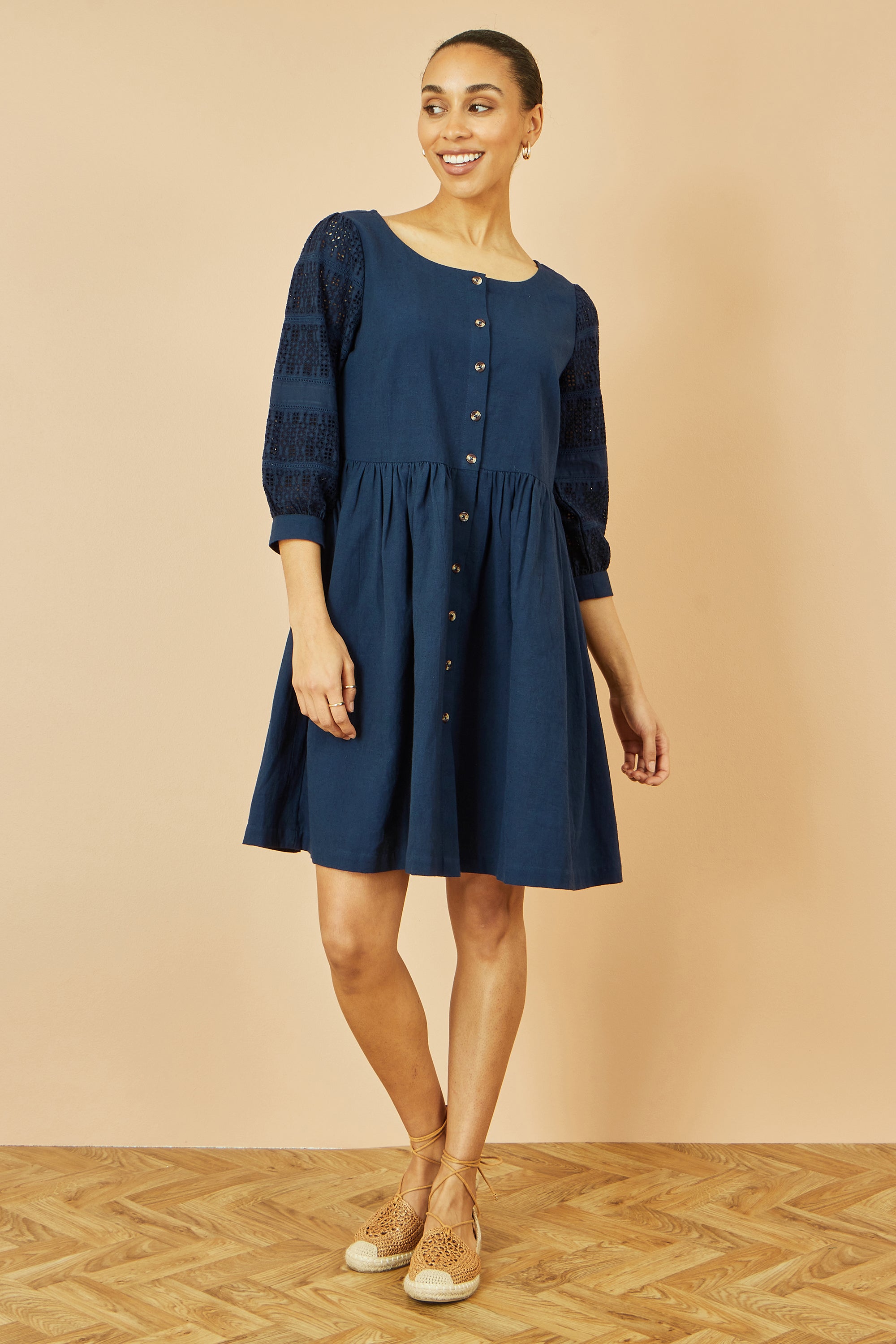 Yumi Navy Cotton Tunic with Broderie Anglaise Puff Sleeves