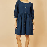 Yumi Navy Cotton Tunic with Broderie Anglaise Puff Sleeves
