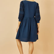 Yumi Navy Cotton Tunic with Broderie Anglaise Puff Sleeves