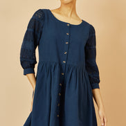 Yumi Navy Cotton Tunic with Broderie Anglaise Puff Sleeves