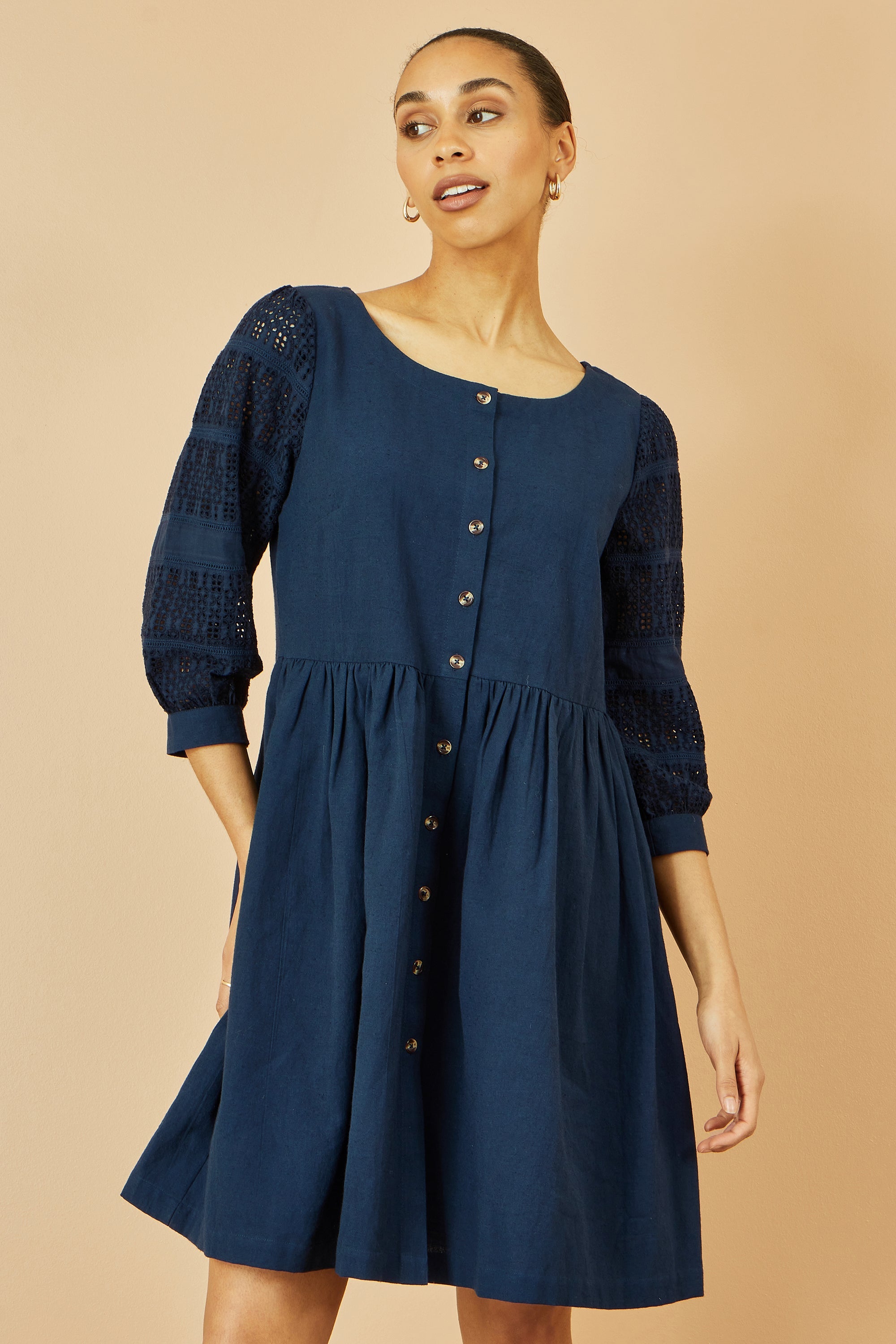 Yumi Navy Cotton Tunic with Broderie Anglaise Puff Sleeves