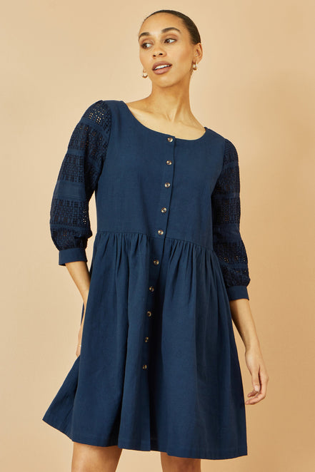 Yumi Navy Cotton Tunic with Broderie Anglaise Puff Sleeves
