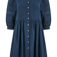 Yumi Navy Cotton Tunic with Broderie Anglaise Puff Sleeves