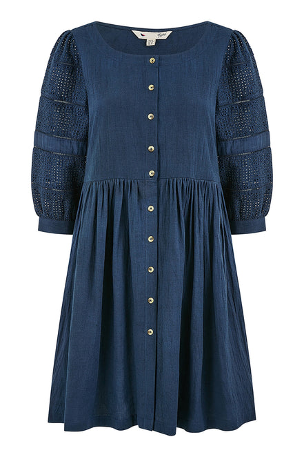 Yumi Navy Cotton Tunic with Broderie Anglaise Puff Sleeves