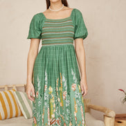 Yumi Green Ruched Leaf Print Maxi Dress with Puff Sleeves