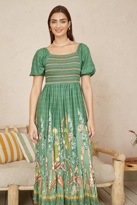 Yumi Green Ruched Leaf Print Maxi Dress with Puff Sleeves