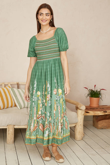 Yumi Green Ruched Leaf Print Maxi Dress with Puff Sleeves
