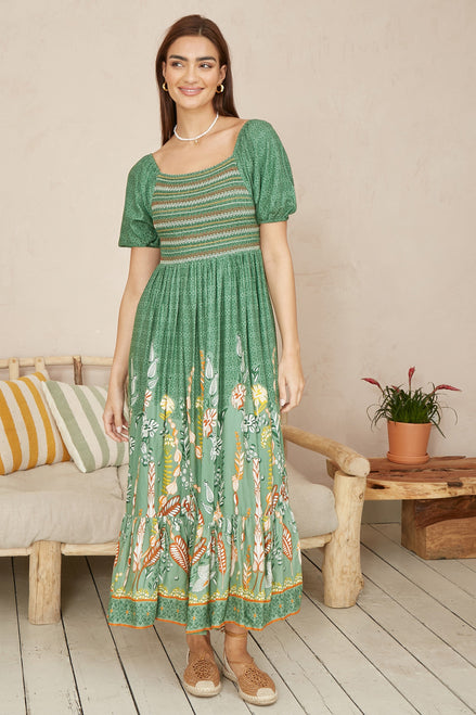 Yumi Green Ruched Leaf Print Maxi Dress with Puff Sleeves