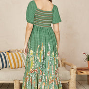 Yumi Green Ruched Leaf Print Maxi Dress with Puff Sleeves