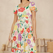 Yumi White Big Floral Midi Dress